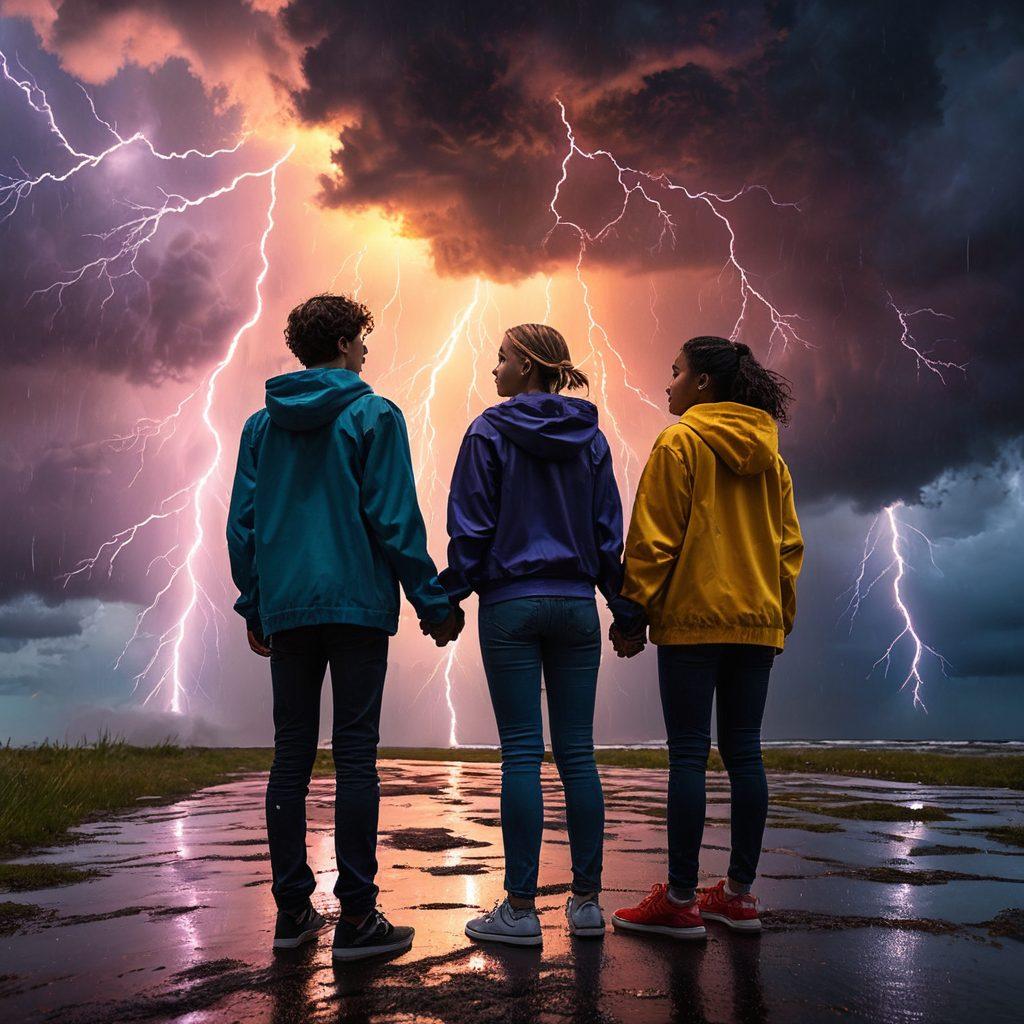 A powerful depiction of a group of diverse teenagers navigating through a tumultuous storm, symbolizing mental health struggles. They hold hands, showcasing unity, while vibrant, hopeful colors break through dark clouds overhead. The storm represents challenges, but their expressions reflect resilience and empowerment. Include elements like rain and lightning in the background, but with rays of sunshine breaking through, symbolizing hope. super-realistic. vibrant colors. 3D.