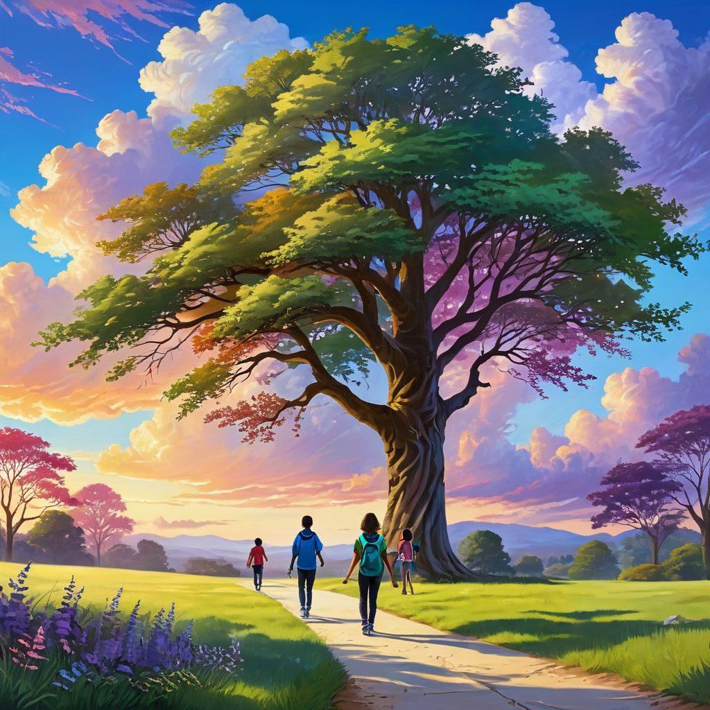 A serene landscape depicting a diverse group of teens on a path towards a bright horizon, symbolizing resilience. Each teen expresses a unique emotion, showcasing a mix of determination and hope. Surround them with supportive elements like a guiding tree, uplifting clouds, and encouraging words floating in the air, creating a nurturing atmosphere. vibrant colors. uplifting art style.